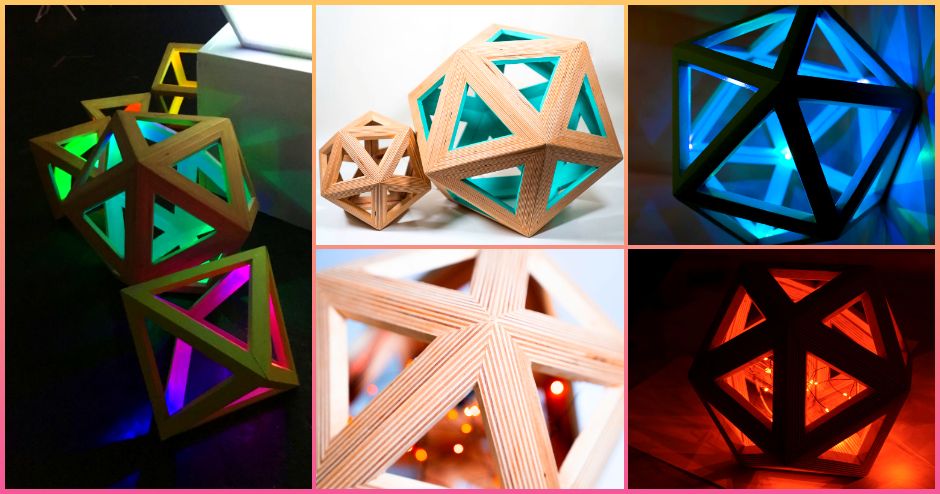 Icosaedro de Madera Contrachapada con Luces y los Otros 4 Sólidos Platónicos